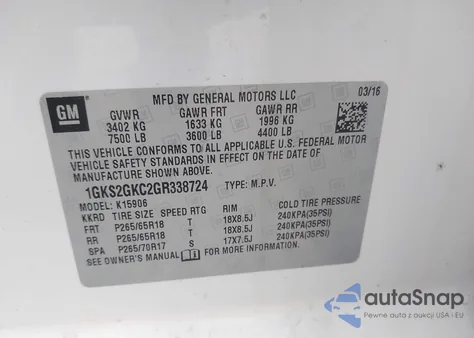 2016 GMC Yukon Xl Slt from USA, damaged, VIN 1GKS2GKC2GR338724